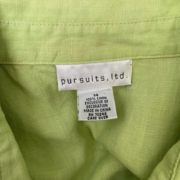 Chartreuse Linen Button Up Shirt Womens Size 14 Green Embroidered Beachy Chic - Picture 6 of 9